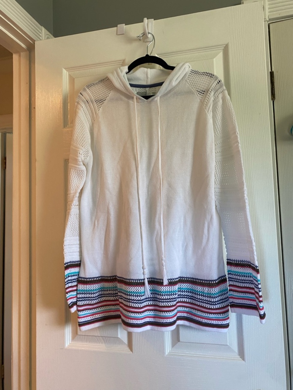 Athleta cotton crochet hoodie tunic with striped hem and sleeves